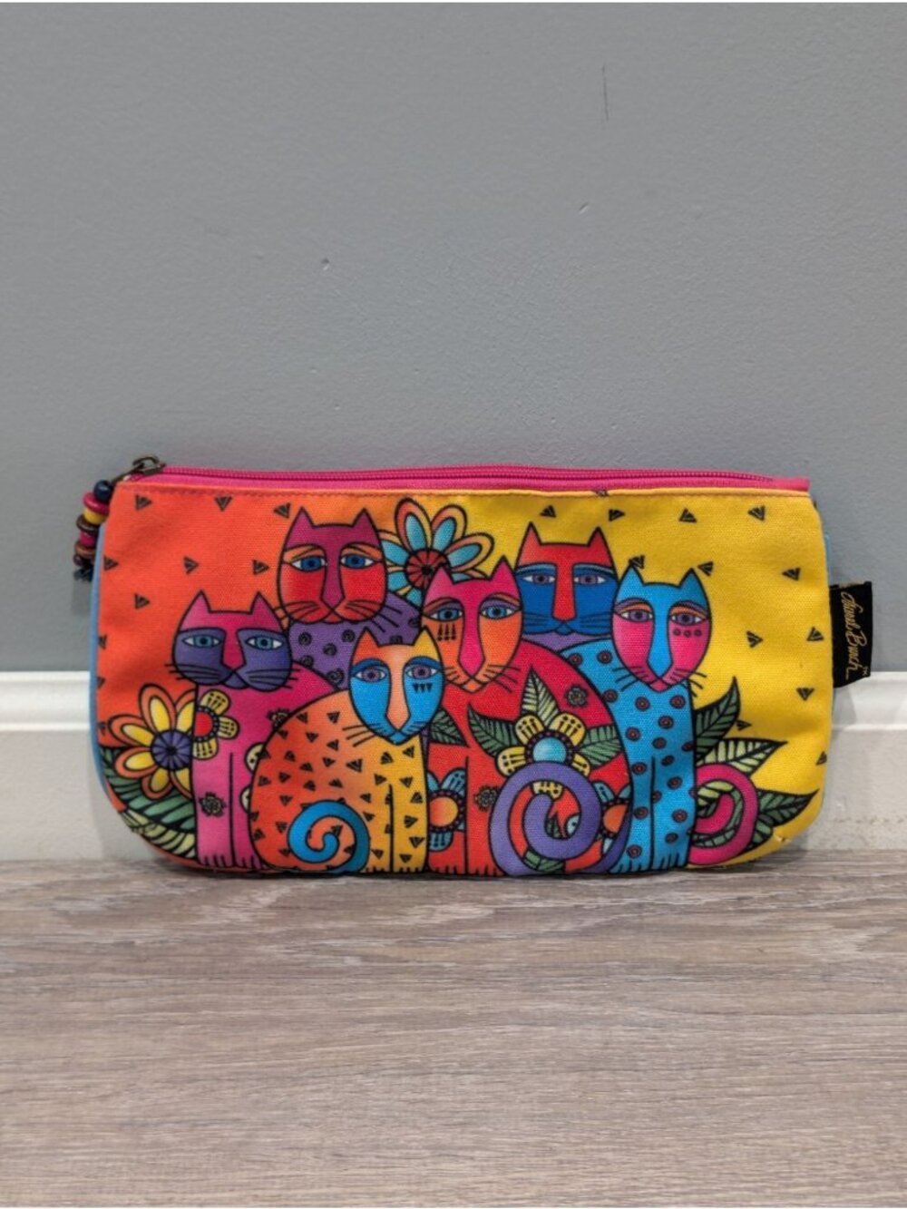 Laurel Burch Feline Clan Friends Canvas Cosmetic Bag Cat Purse Pouch Full Zip